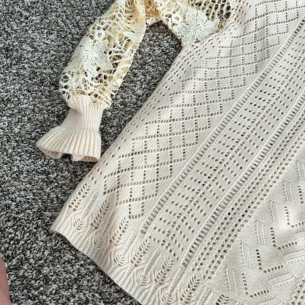 Boho Cream Yellow Fall Crocheted Lace Turtleneck Sweater medium - Picture 13 of 13